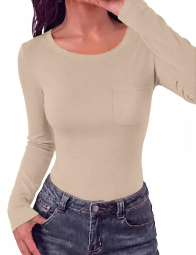 Aottori Maglia Donna Manica Lunga con Tasca Girocollo Slim Fit | Maglietta, Elegante, Basic Tops, Intimo, Aderente Elasticizzato, Sottogiacca Tinta Unita, Casual