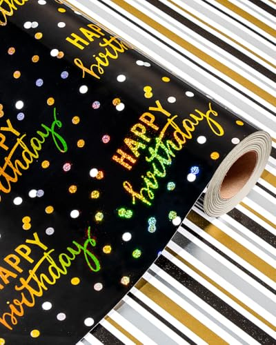 Wikadlik Carta da regalo di compleanno, pellicola nera e dorata, scritta Happy Birthday, rotolo di carta regalo per feste, celebrazioni, 43 cm x 10 m