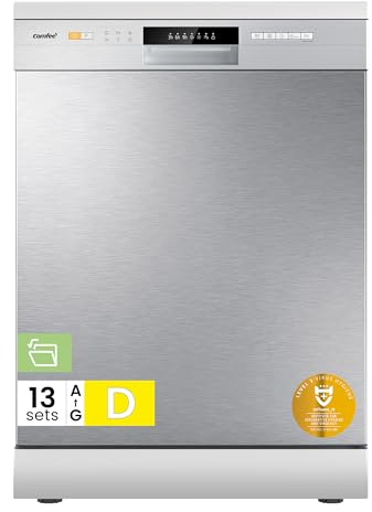 COMFEE' Dishwasher Freestanding with 13 Place Settings, Full Size Dishwasher 60cm Width, CDWPF1301PSD-UK, Auto Door Open Drying, Quick Wash, Hygiene Wash, Delay Start, Half Load -Silver