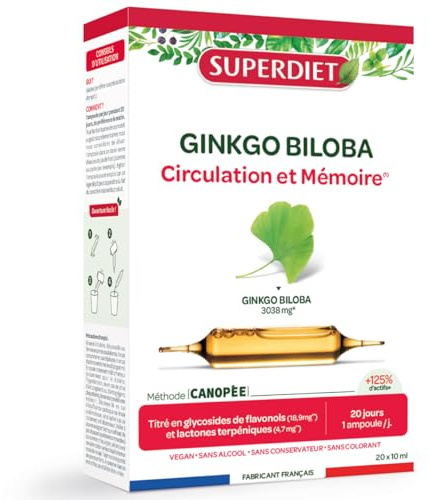 Circulation, Mémoire, performances cognitives- Gingko Biloba - Ampoules | Cure de 20 ampoules de 10ml - Concentration, retour veineux - Vegan - Fabrication française - Superdiet