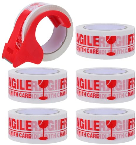 SHERCHPRY Dispenser Nastro Adesivo Fragile da Tavolo con 6 Pezzi di Nastro da Imballaggio per Oggetti Fragili, Etichette Avviso Fragilità per Spedizioni e Traslochi, Kit Imballaggio