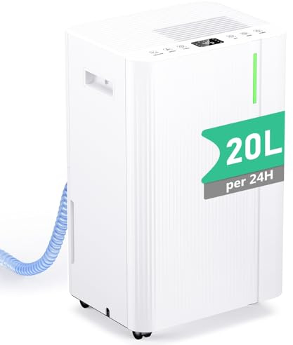 Deshumidificador 20L/Día - Deshumificadores Eléctrico con Compresor, 3 Modos, Silencioso y de Bajo Consumo, Drenaje Continuo, Depósito 5L, Temporizador 24H, Control Automático de Humedad para Hogar