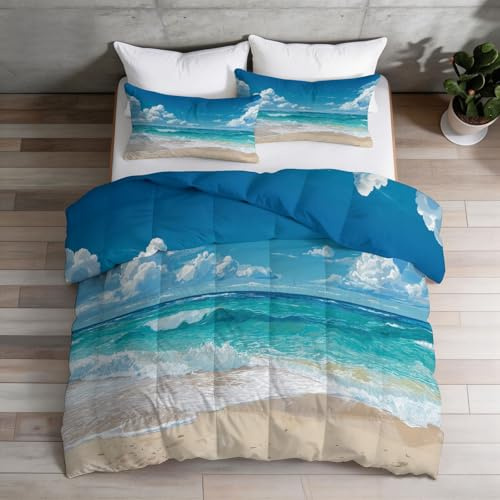 Tropiskt täcke utan överdrag 155 × 220 cm, 4 årstider täcke blå med kust strand blå himmeldesign – tvättbar varm och mjuk året runt täcke med 2 örngott 80 x 80 cm