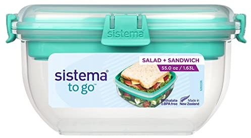 Sistema Salad + Sandwich Lunch Box To Go | 1.65 Litre Food Storage Container with Compartments | BPA-Free | Assorted Colors (Not Selectable)