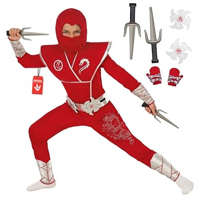 Morph Kids Röd Ninjakostym för Pojkar med Svärd & Skumtillbehör - Komplett Ninja Dräkt för Barn S M L