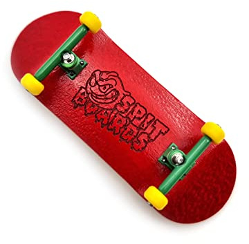 SPITBOARDS 34 mm Fingerboard Complete Wood Pro Set-Up (pre-assemblato, 5 strati), Pro Trucks, CNC Bearing Wheels, Foam Grip Tape, (Deck: Rosso, Trucks: Green, Wheels: Yellow)