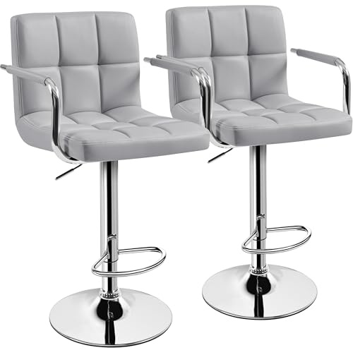 Yaheetech Bar Stools Set of 2, PU Leather Adjustable Swivel Barstools, Hydraulic Kitchen Counter Height Bar Chairs with Armrest and Back for Kitchen, Dining Room, Light Grey