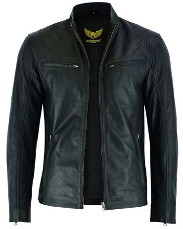 Leatherick Herren Premium Nappa Schafsleder Cafe Racer Schwarze Bikerjacke (DE/NL/SE/PL, Alphanumerisch, M, Regular, Regular, Jacket Black Hooper Style)