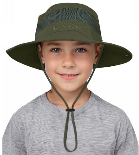 American Trends Kids Sun Hat UPF 50+ Wide Brim Sun Protection Outdoor Kids Bucket Hat Adjustable Boys Beach Fishing Hats 5-13 Years - Army Green