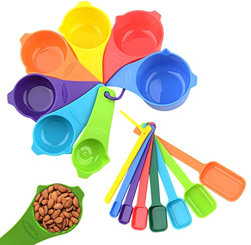 Cdemiy Measuring Spoons, 15 Pcs Plastic Measuring Cups and Spoons Set, Stackable Cup Measurements Set, Durable and Easy to Clean, for Dry Liquid Ingredients Measuring Kitchen Baking Cooking