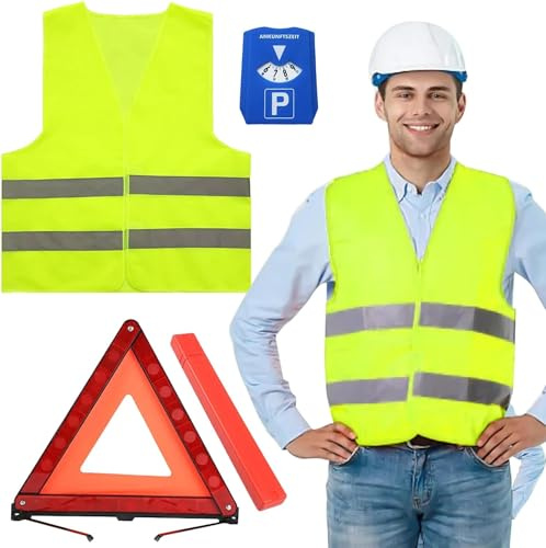 Hengrongshen Gilet Alta visibilità, Triangolo Auto e Un Cartello Parcheggio, Giubbotto Catarifrangente Auto Kit per la Sicurezza Stradale