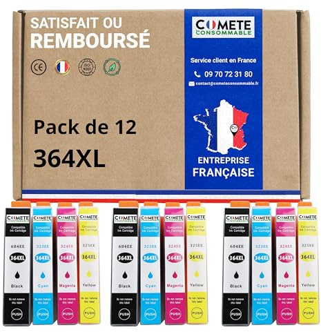 COMETE, Marque Française - 364XL - 12 Cartouches d'encre Compatibles avec HP 364 XL - pour Imprimante HP Photosmart 5520 6520 5525 5522 6510 Deskjet 3520 Officejet 4620 (3 Noir et 9 Couleur)