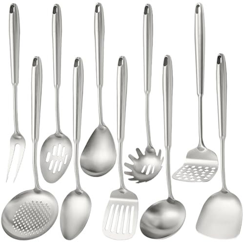 10 PCS Stainless Steel Kitchen Utensil Set Cooking Utensils, Potato Masher Solid Spoon Slotted Spoon Fork Spatula Ladle Skimmer Spoon Slotted Spatula Tunner Spaghetti Spoon Large Spoon