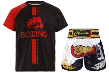 TTAO Conjunto de ropa de boxeo para niños MMA, pantalones cortos de boxeo, camiseta para Muay Thai, artes marciales, fitness, entrenamiento, chándal, Rojo, blanco y negro, 146/152 cm