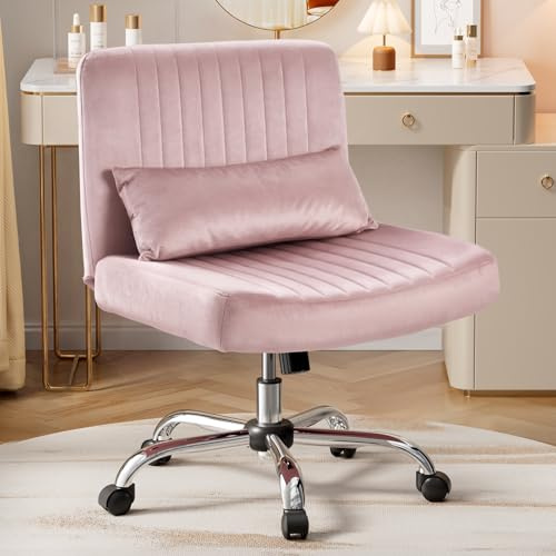 Warmiehomy Criss Cross Legged Velvet Office Chair for Home, Armless Desk Chair with Wheels, Height Adjustable Swivel Vanity Chair with Wide Seat and Lumbar Pillow for Bedroom and Home Office, Pink