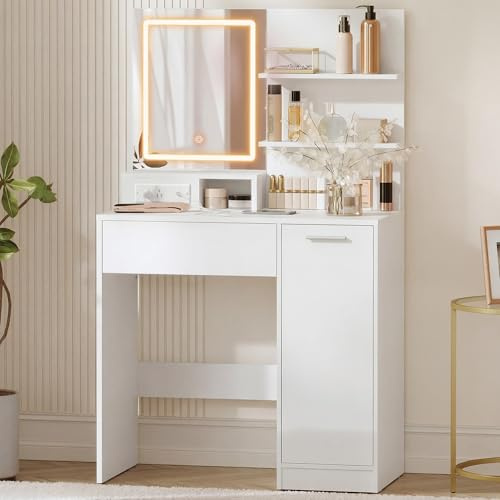 VASAGLE Dressing Table with Large Mirror, Cabinet with 2 Adjustable Shelves, 1 Drawer, 2 Open Shelves, Modern basic Makeup Table, White CUSTOS Collection RDT138W03