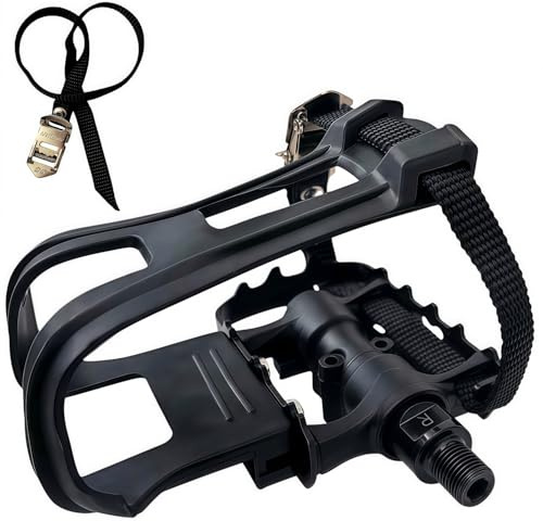 YBEKI Pedales de Bicicleta Profesionales con Clips & Correas Kevlar | Rodamientos Duales Sellados IP67 | Ligero en Aleación + Composito Militar | Compatible con Peloton/Spinning/MTB/Road - 9/16
