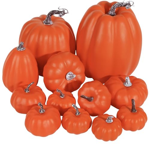 Artmag Package of 12 Pcs Assorted Sizes Artificial Orange Pumpkins Large Fake Faux Harvest Pumpkins for Fall Thanksgiving Halloween Seasonal Holiday Decor Decoration Dark Orange