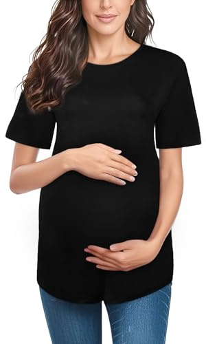 Aolso T-Shirt d'allaitement Femme, Tops Blouse Allaitement, Hauts d'allaitement à Manches Courtes pour Femme, col Rond et t-Shirts de maternité pour Femmes Enceintes, Noir Fente M