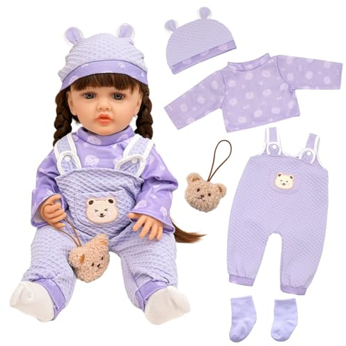 Baby Doll Clothes for 20-22 Inch Dolls, 5 Packs Purple Baby Doll Outfits Dress mit 1 Top + 1 Little Bear Overalls + 1 Hat + 1 Socks + 1 Pendant, Sweet Large Girl Doll Clothing, as Gift for Girls