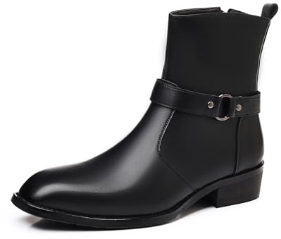 DADAWEN Homme Cuir Cheville Chelsea Classiques Bottes de Moto avec Fermeture Éclair Latérale - Noir 44