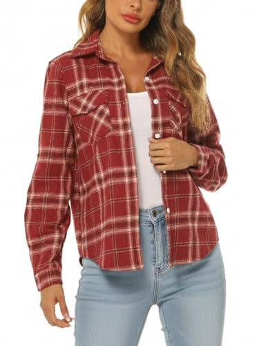 Famrrifuu Chemise a Carreaux Femme Classique Chemisier en Flanelle Bucheron Western Élégant Blouse 100% Coton Décontractée Shirt, Rose Rouge, L