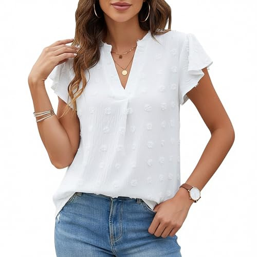 viiotu Blouses for Women UK Summer Short Sleeve Ladies Shirts Chiffon Blouses V Neck Tops for Travel Party Daily Wear (UK, Alpha, S, Regular, Regular, White)