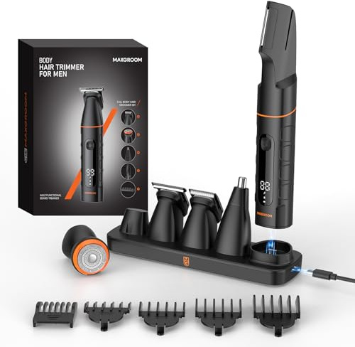 MAXGROOM 5-in-1 Manscape Body Hair Trimmer Men with 120-Min Battery | Pubic & Ball Trimmer, IPX6 Waterproof Body Shaver with Nose/Ear Hair Trimmer, USB-C Charging Dock, Travel Lock