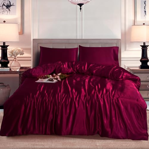 BOSKI LONDON Luxury Satin Silk Duvet Cover Set | 3 Piece Bedding Set with Pillowcases | Soft Breathable Quilt Cover with Zip | Single Double King Sizes (BURGUNDY, DOUBLE)
