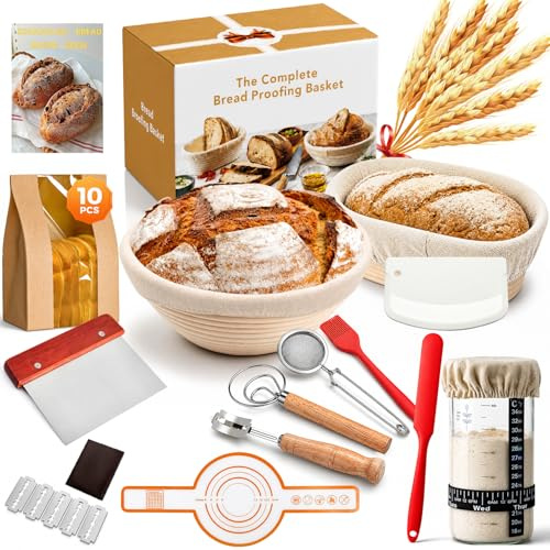Gärkörbchen Sauerteig Starter Set, 2 Rattan Gärkörbchen (25cm Ovale & 23cm Runde), Sauerteig Glas, Komplett Brot Backen Zubehör Set, Geschenk für Anfänger & Fortgeschrittene Bäcker