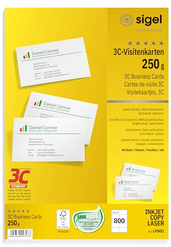 SIGEL LP802 bedruckbare Visitenkarten 3C, 800 Stück (80 Blatt), hochweiß, glatter Schnitt rundum, 250 g, 85x55 mm