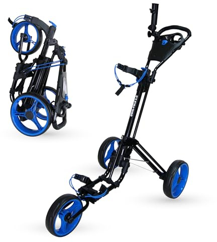Qwik-Fold 3-Wheel Golf Push Cart with Foot Brake – 1-Second Fold & Unfold Trolley, Lightweight Aluminum Frame, Adjustable Handle, Smooth Ball-Bearing Wheels, Umbrella Holder & Storage - Black/Blue
