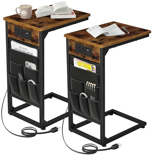 AMHANCIBLE C Shaped End Table with Charging Station, TV Trays, Set of 2
