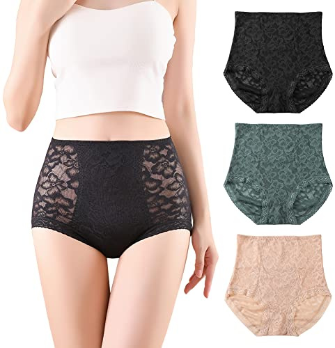BLKDOTS Culottes Confort pour Femme en Dentelle à Taille Haute avec Contrôle de la Taille et du Ventre, Slips Invisibles, 3 Pack, Multicolore 1, XL