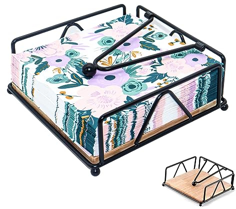 QHENS Serviettenhalter Schwarz Holz, Serviettenhalter Metall Vintage Flacher mit Beschwerer, Serviettenhalter für 33x33 cm Servietten