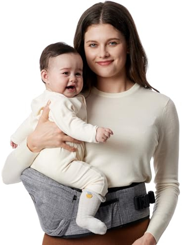 Momcozy Hip Seat Baby Carrier - Adjustable Waistband with Original 3D Belly Protector, Ergonomic Carrier with Various Pockets for Toddlers up to 45lbs (Grey, Medium 27-45IN)