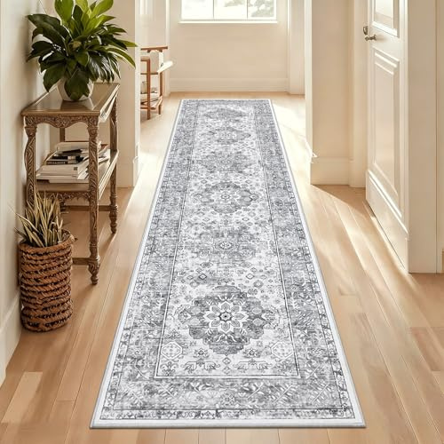 Enyhom Teppich Läufer, 60 x 240 cm Grau Extra Lange Läufer Teppiche für Flur rutschfest Waschküche Maschine Waschbar Küche Bodenmatte für Eingang Schlafzimmer Treppe Badezimmer