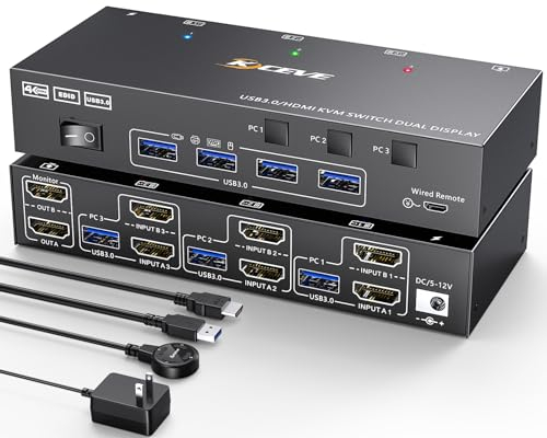 USB 3.0 HDMI KVM Switch 3 PC 2 Monitore 4K@60Hz 2K@144Hz, Simulation EDID, MLEEDA 3 PC 2 Monitor Switch mit 4 USB 3.0 Ports für Tastatur Maus, Kabelfernbedienung und Kabel Inbegriffen