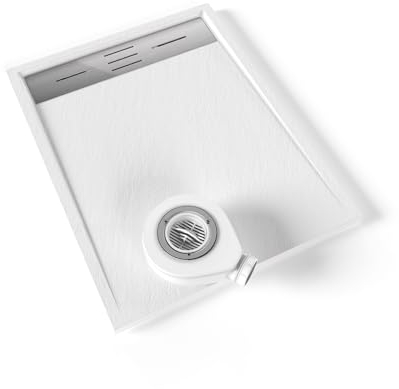 Plato de ducha SMC Hiemal 90x70 cm | Moments of Glass | Blanco 9016 – Antiderrapante, Textura Pizarra, Antibacteriano, Resistente a agentes químicos – Incluye válvula y rejilla Inox