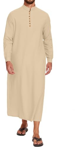 LVCBL Kaftan Herren Lang Thobe Langarm Button Down V-Ausschnitt Robe Schwarz L