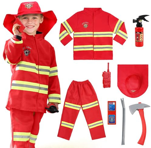 AYBUY Brandkårskostym för Barn, Brandmanskostym Med Leksaksbrandsläckare - Tvättbar Kostym för Karneval, Rollspel och Temafest - 120 cm