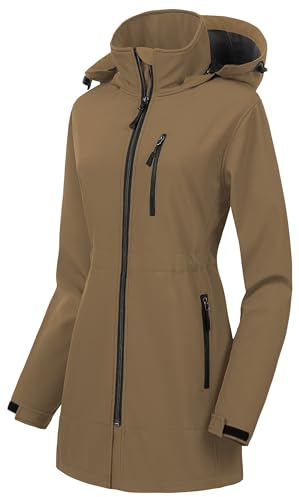 CREATMO US Damen Leichte wasserdichte lange Softshelljacke taktische Jacke Fleece gefüttert Windbreaker, Braun, XXL