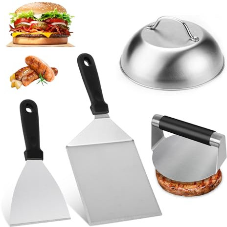 Kit Smash Burger di 4 Pezzi, Kit per Hamburger BBQ in Acciaio Inox, Pressa per Hamburger, Cloche e 2 Spatolas, Accessori per Barbecue per Piastra, Teppanyaki e Campeggio