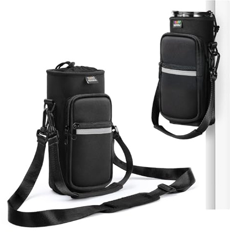 Nuovoware Magnetic Gym Bag, 750ml Water Bottle Carrier Holder, Adjustable Shoulder Strap 2 Pocket Sports Sling Neoprene Sleeve for Hiking Travelling Camping, Black