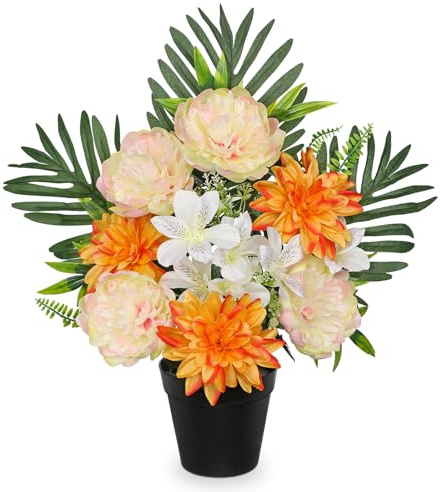 Oairse Artificial Cemetery Flowers in Pot Funeral Flowers Arrangements 48cm Silk Dark Pink Potted Peony Dahlia Memorial Flower for Grave Cemetery Headstones Outdoor Christmas Decoration