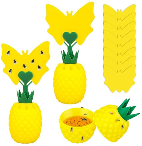 SKIKHN Piège à Mouche des Fruits,2 Piege Moucherons Interieur,Attrape Moucheron Interieur avec 8 Autocollants Jaunes,Forme d'ananas Pièges à Insectes pour Cuisine,Salon,Protection des Plantes Fruits