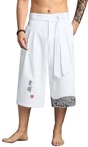YAOBAOLE Pantaloni da uomo giapponesi, pantaloni Taro corti in lino, abbigliamento tradizionale giapponese con coulisse, bianco, M