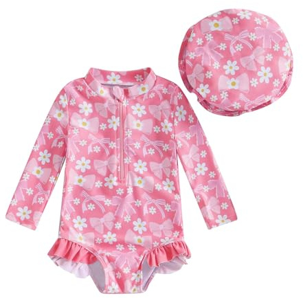 Generisch Costume da bagno Uv con cappello da sole UPF 50+, costume da bagno per bambini, costume da bagno per bambini, in neoprene, costume da bagno per ragazze, Costume da bagno F3-hot Rosa, 6-12