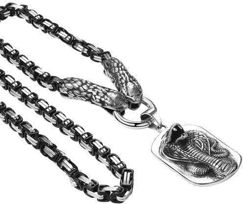 Cupimatch Collar de hombre con serpiente vikinga: colgante pesado Dog Tag Cabeza de Serpiente de Acero Inoxidable Cadena Bizantina - Hiphop Punk Día del Padre, Acero inoxidable, No es una piedra