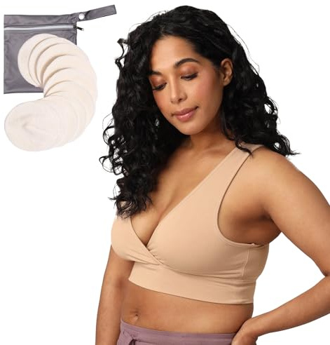 Kindred Bravely French Terry Racerback Nursing Sleep Bra (Beige, Large-Busty) & Organic Washable Breast Pads Bundle